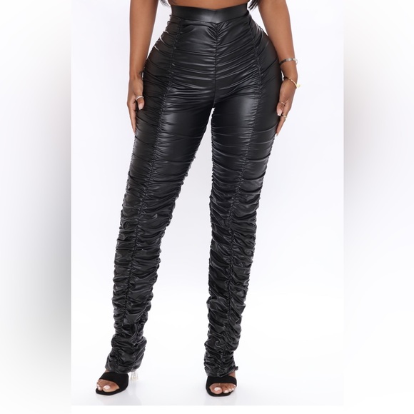 Blue Stacked Leather Pants - Picture 4 of 4